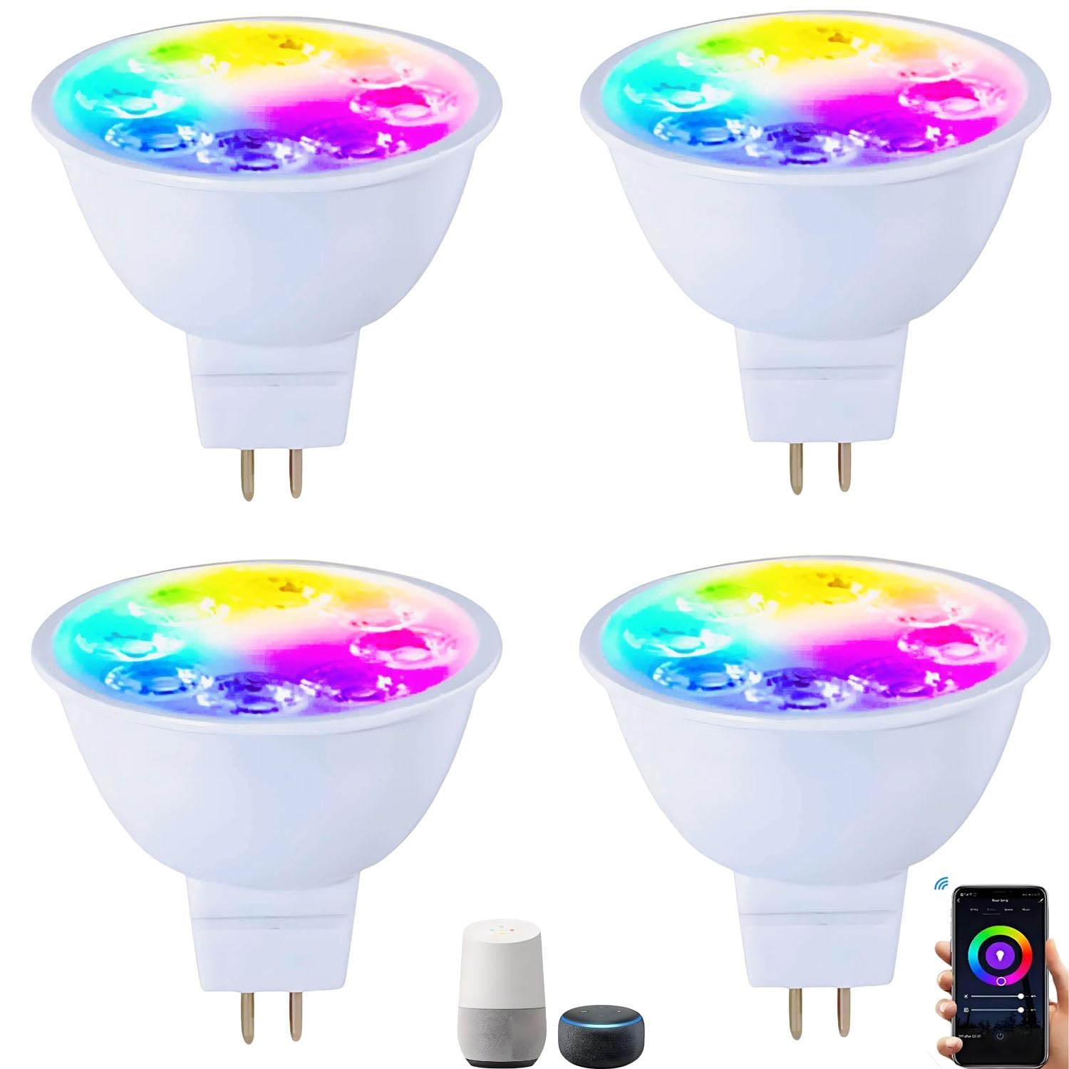 Smart MR16 GU5.3 LED Bulbs,APP Controls RGB MR16 GU5.3 Light Bulbs Compatible with Alexa and Google Home,450LM 12V GU5.3 Bi-Pin Base,MR16 Colour