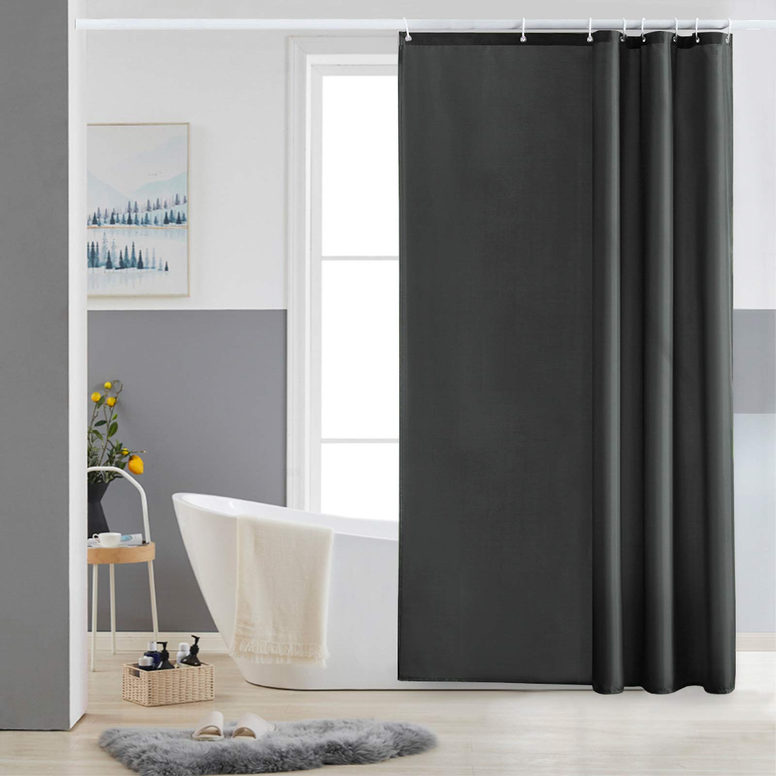 Furlinic Shower Curtain Mould Proof Resistant Waterproof Washable Polyester Fabric Dark Grey Bath Curtains with Weight Tape 8 Hooks for Wetroom 47x72