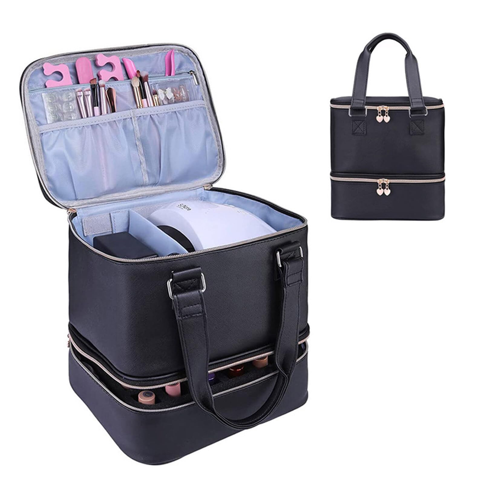 FAMKIT Nail Polish Organiser,Double-Layer Nail Polish Case,Holds 30 Bottles and A Nail Lamp,Portable Nail Polish Holder,with Adjustable Dividers,for