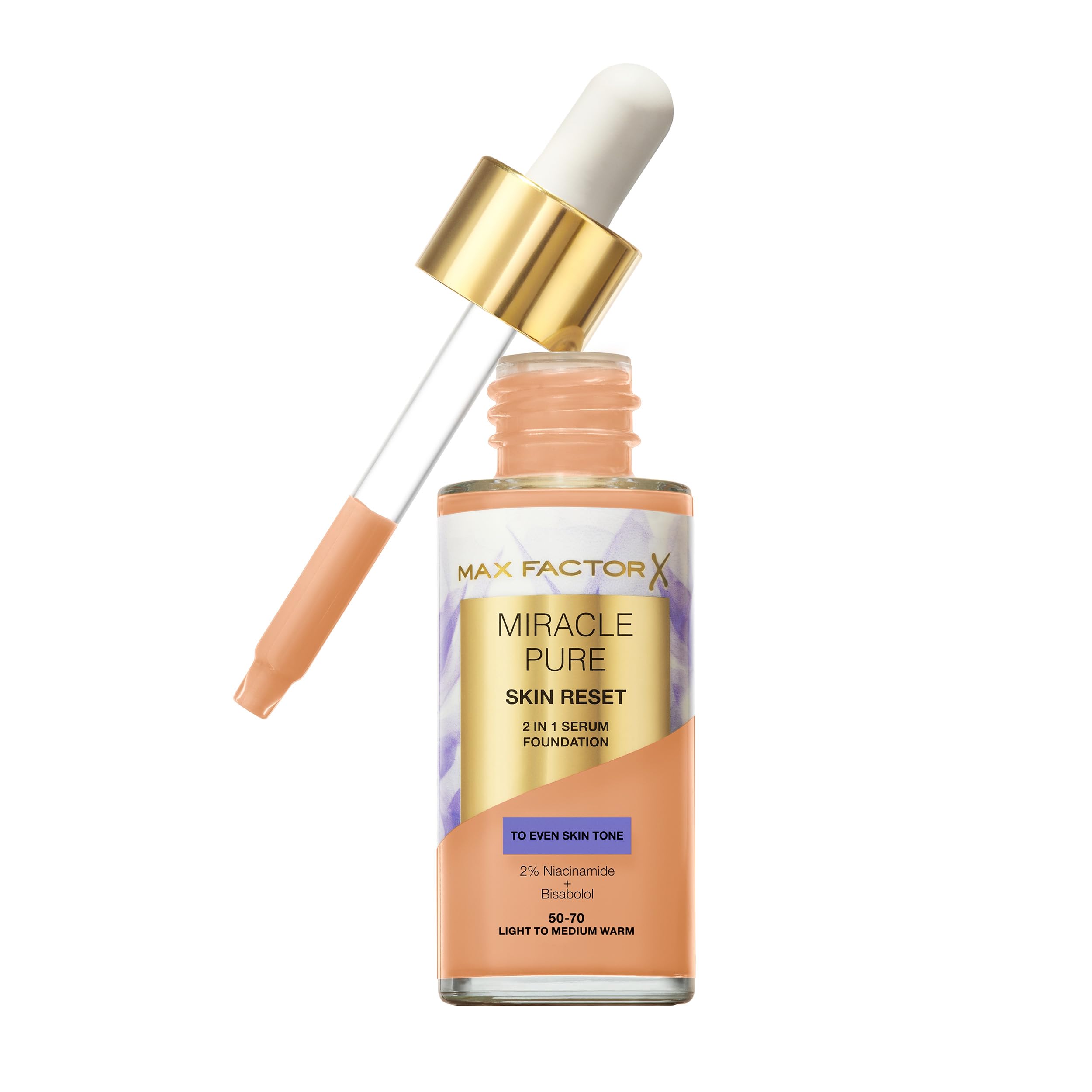 Max Factor Miracle Pure Skin Reset Serum Foundation, 50-70 Light To Medium Warm, 2-in-1 Serum Formula, Healthy Looking Skin, Medium Coverage, Satin