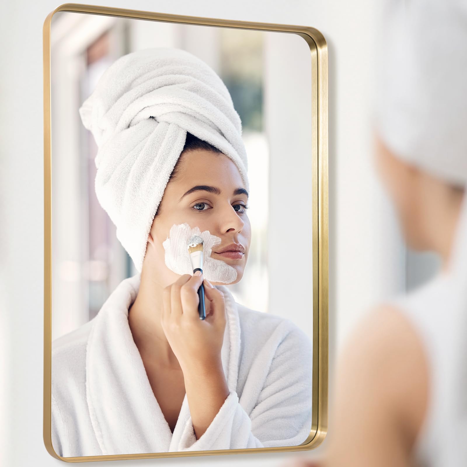 LunaMirror Wall Mirror 60x90 CM Wall-Mounted Bathroom Vanity Mirror Stylish Gold Mirror Wall Decor Rectangle Wall Hanging Mirror with Curved Corners