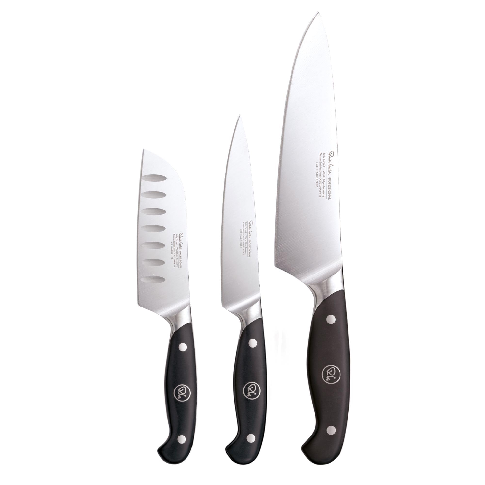 Robert Welch Professional Home Chef Knife Set, 3 Piece. Crafted from German 1.4116 Stainless Steel. Santoku Knife 12cm/4.5", Kitchen Knife 14cm/5.5",