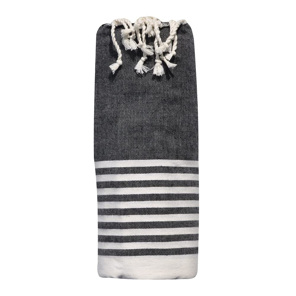 LES POULETTES BIJOUX - Towel Cotton Big Fouta Hammam or Beach Small White Stripes 150 x 250cm - Black