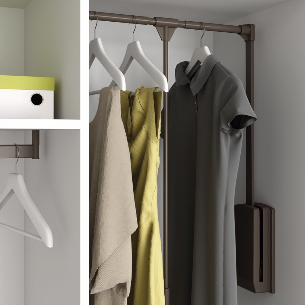 Emuca - Hang pull down wardrobe rail lift, adjustable width 600-830mm (23,6-32,6 inch), moka painted finish