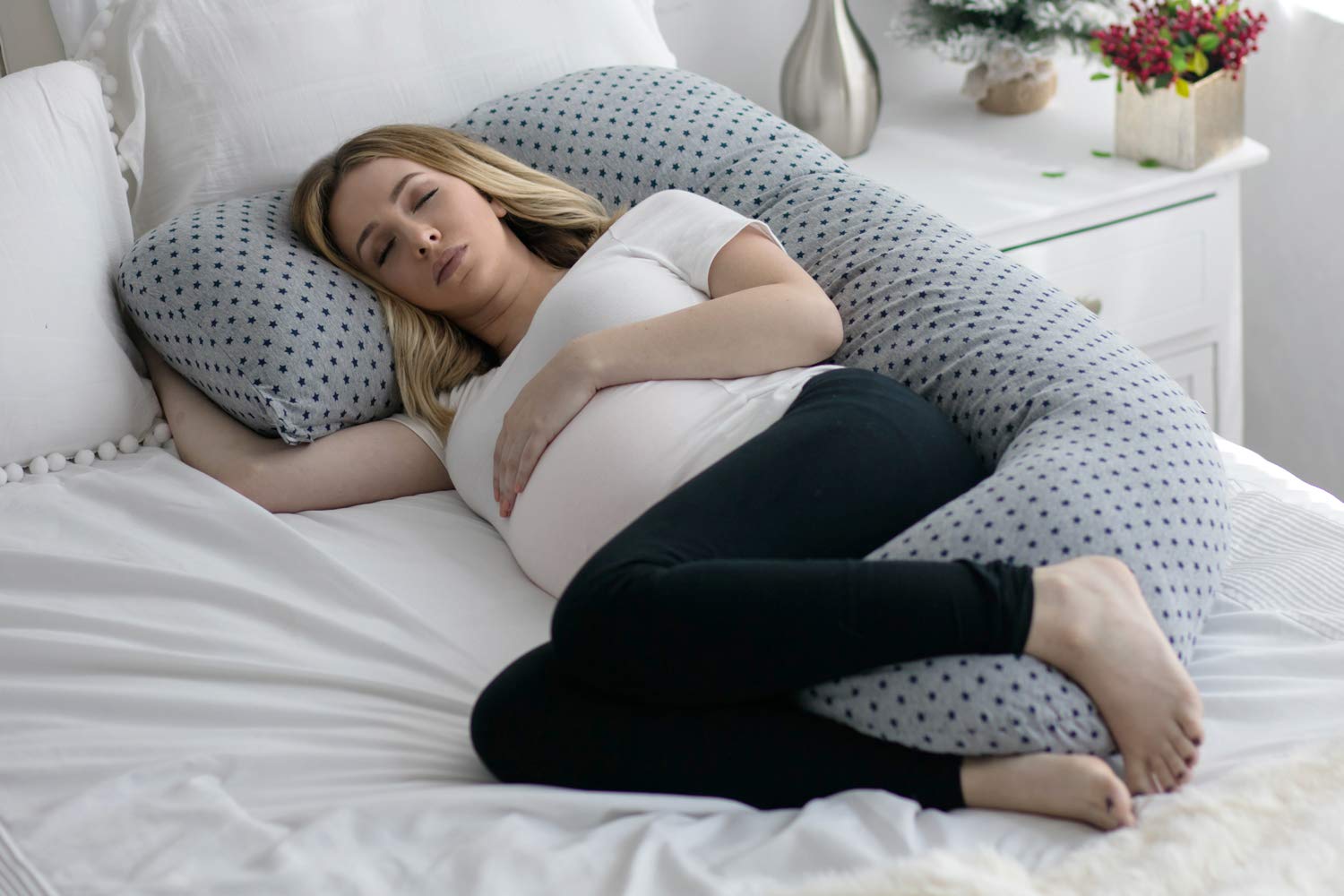 PharMeDoc Pregnancy Pillow with Jersey Cover, U Shaped Full Body Pillow (Grey with Star Pattern)