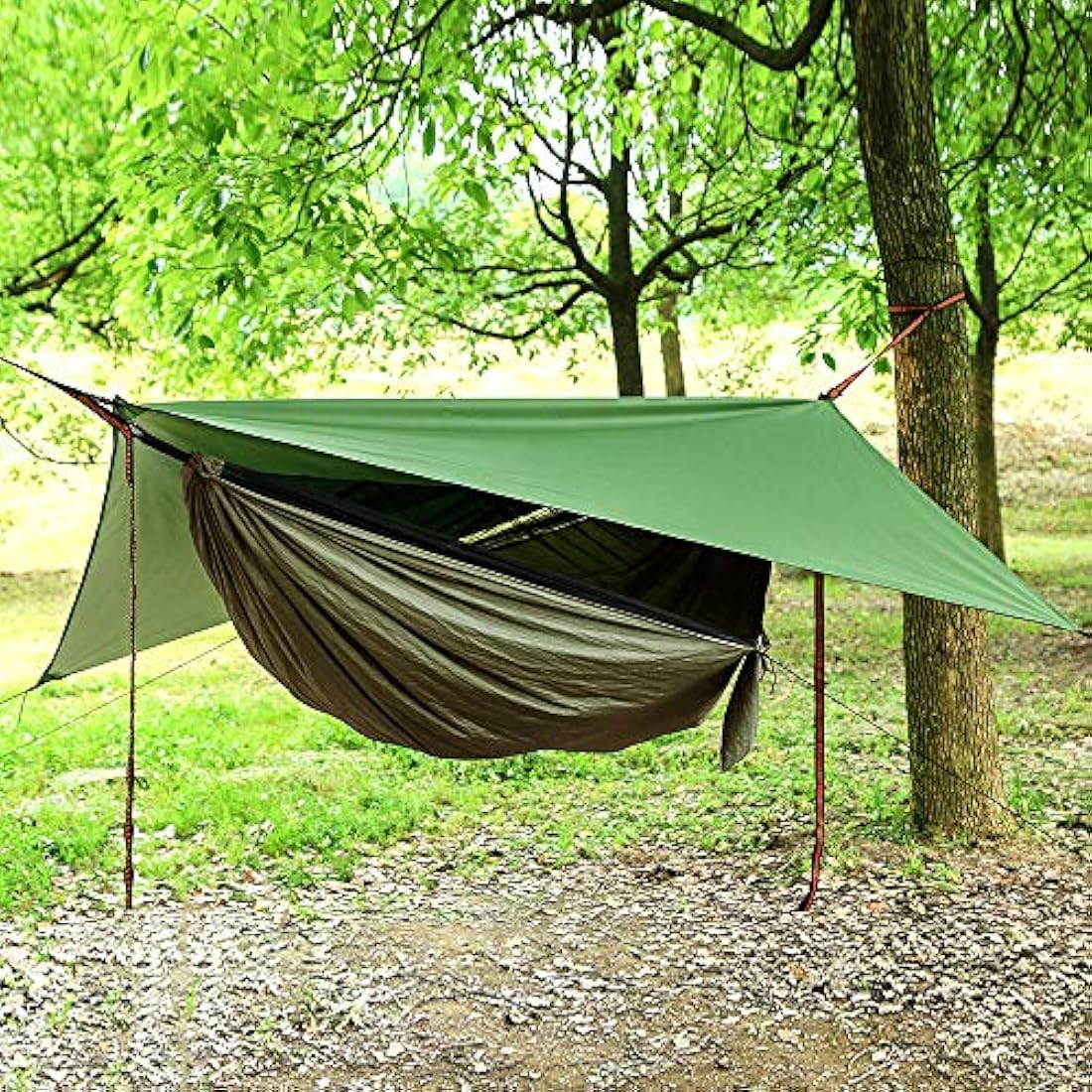 Camping Hammock Set, Single Double Hammock, Mosquito Net, Insect Net, Rainfly, High Strength Parachute Cloth Hammock. Suitable for outdoor, hiking, camping, travel Army Green