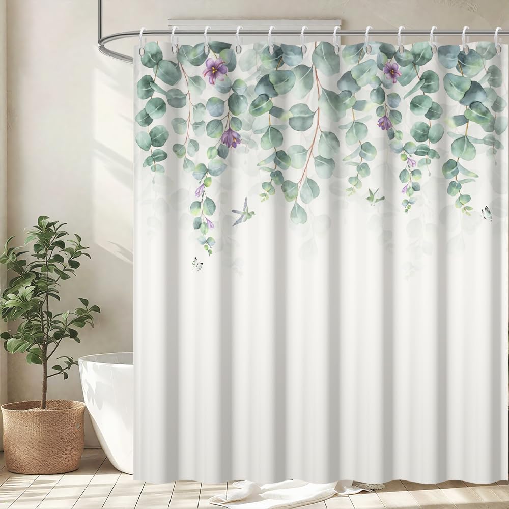 Uiiooazy Eucalyptus Shower Curtain, Sage Green Leaves Floral Violet Bath Curtain Mildew and Mould Resistant Waterproof Polyester Fabric Washable
