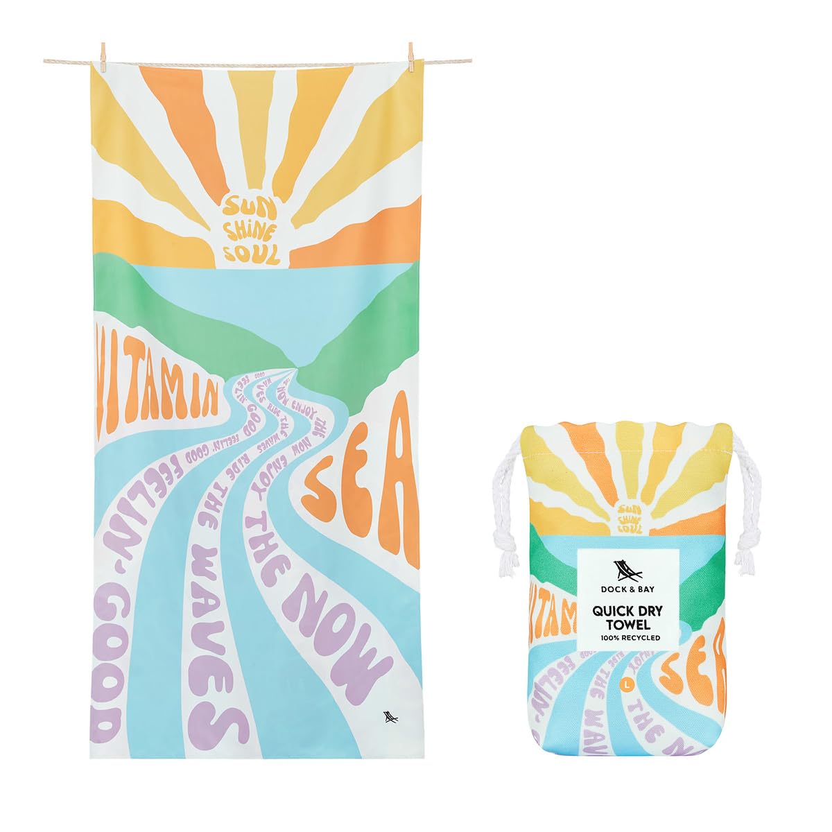 Dock & Bay Beach Towel - Quick Dry, Sand Free - Compact, Lightweight - 100% Recycled - Includes Bag - Vitamin Sea - Large (160x90cm, 63x35)