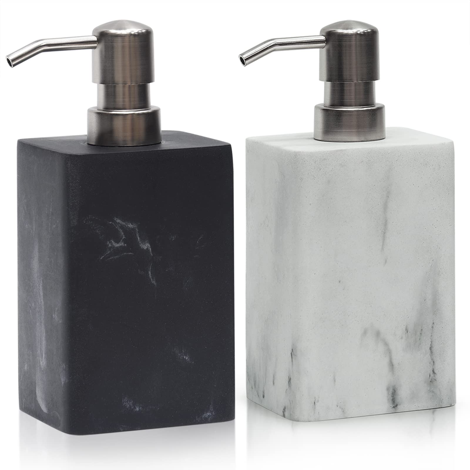 Suanti Bathroom Soap Dispenser Set 2Pcs White&Black Marble Style With Rust-Free Silver Pump,Decorative Resin Liquid Pump Bottle for Hand Soap Lotion