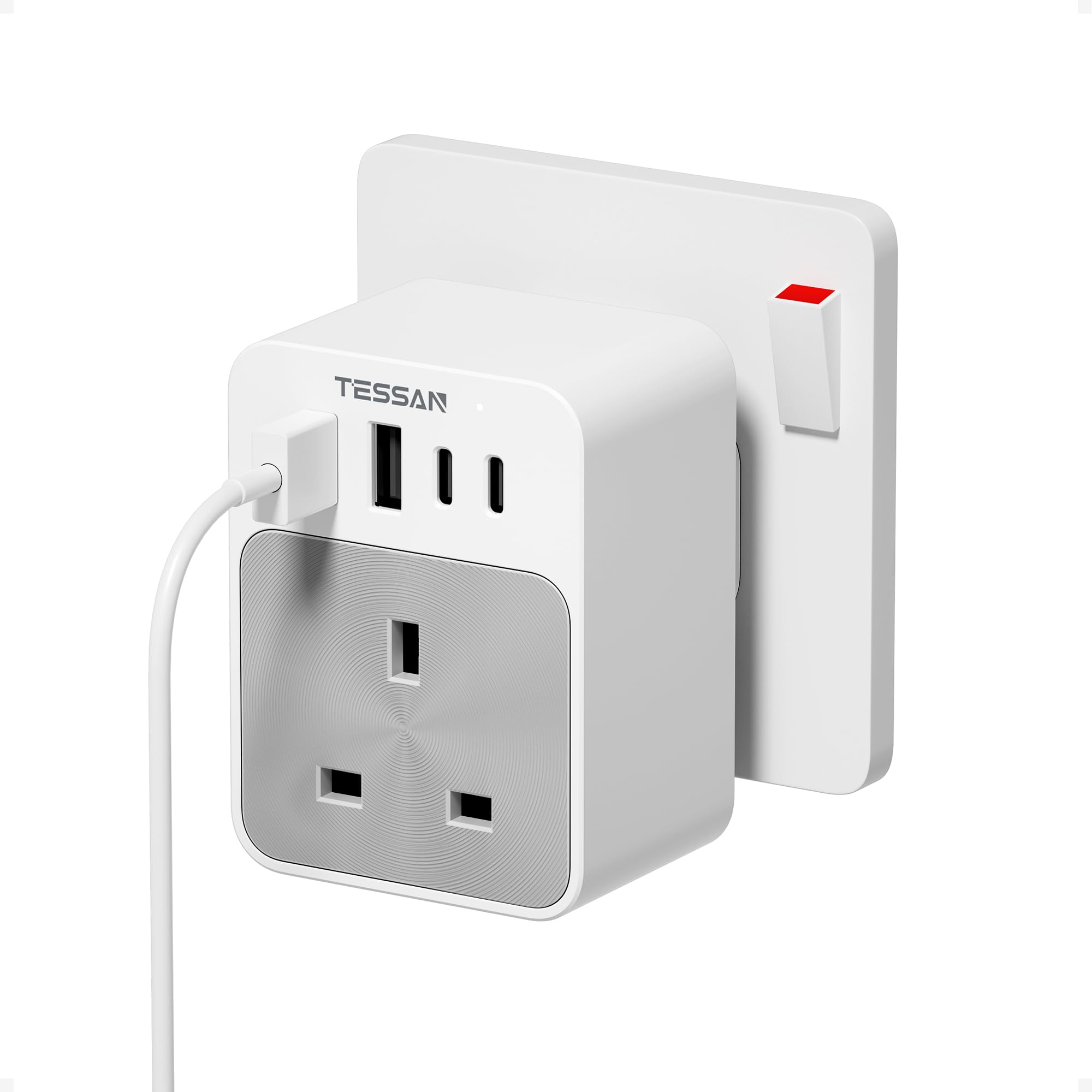 TESSAN USB C Plug Adaptor UK, Multi Plug Extension Socket with 4 USB Charger, 1 Way Wall Charger Sockets 3250W, Power Adapter for Home, Kitchen,