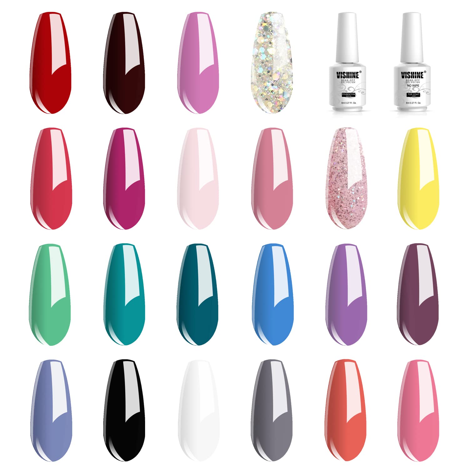 Vishine 24 PCS Soak Off UV Led Gel Nail Polish Plain Range - 22 Color Gel Polish & No Wipe Base and Top Coat Starter Gel Nail 02