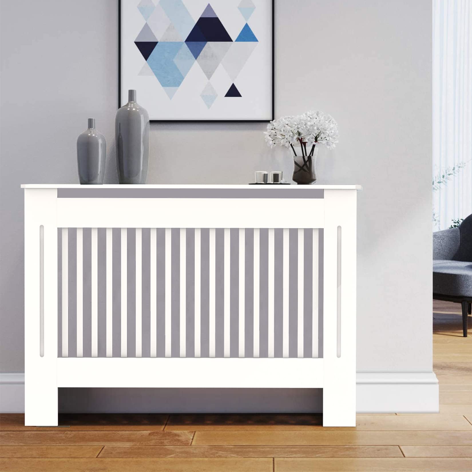 High Radiator Cover Wood Cabinet: External 92cm Height White Medium Heater Covers Internal Heights 90cm Vertical Slats Modern Tall Radiator Shelf