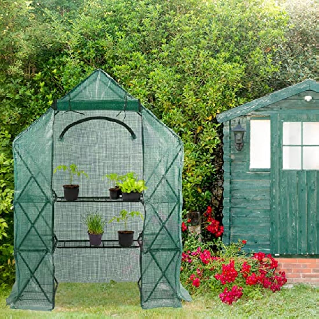 Relaxdays Walk-In Foil Greenhouse, Balcony & Garden, Folding Grow Tent with Shelf, HWD 195x138x72cm, Green