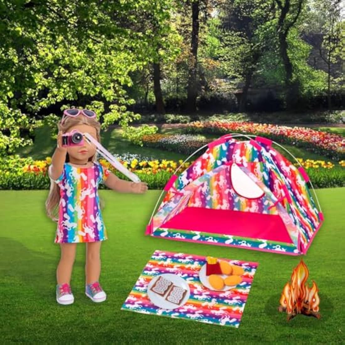 ZITA ELEMENT Unicorn Doll Camping Tent Set for 18 Inch Girl Doll Accessories Including 18 Inch Doll Tent Placemat Doll Clothes Chocolate Cookies Chicken Nuggets Paper Campfire eyeglasses
