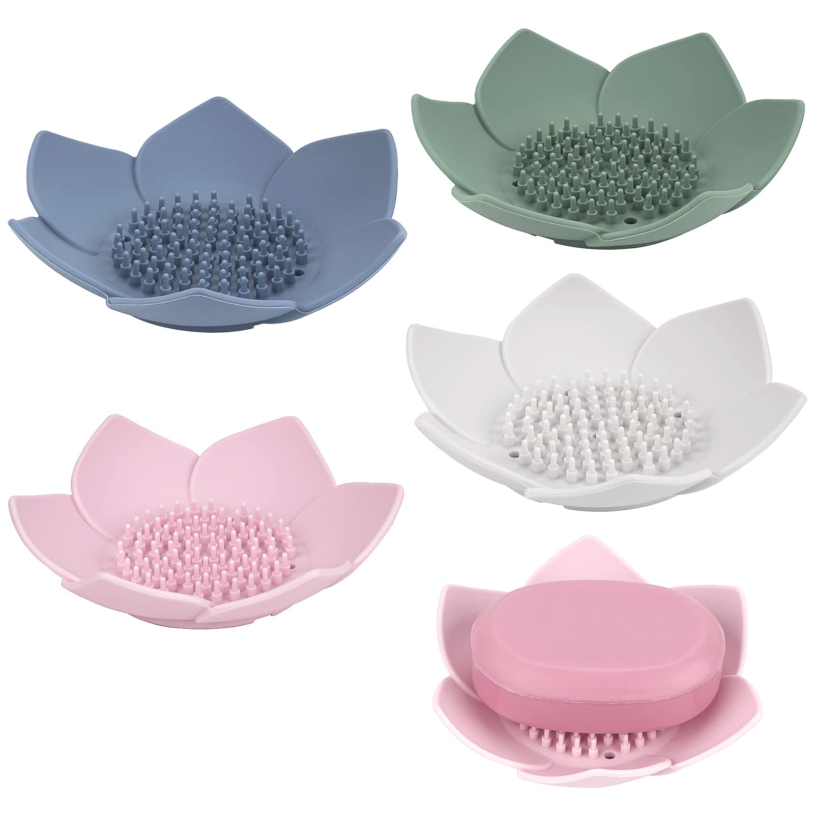 Linkidea 4 Pcs Soap Dish with Drain, Silicone Bar Soap Holder for Bathroom, Flower Shape Soap Tray for Kitchen Sink