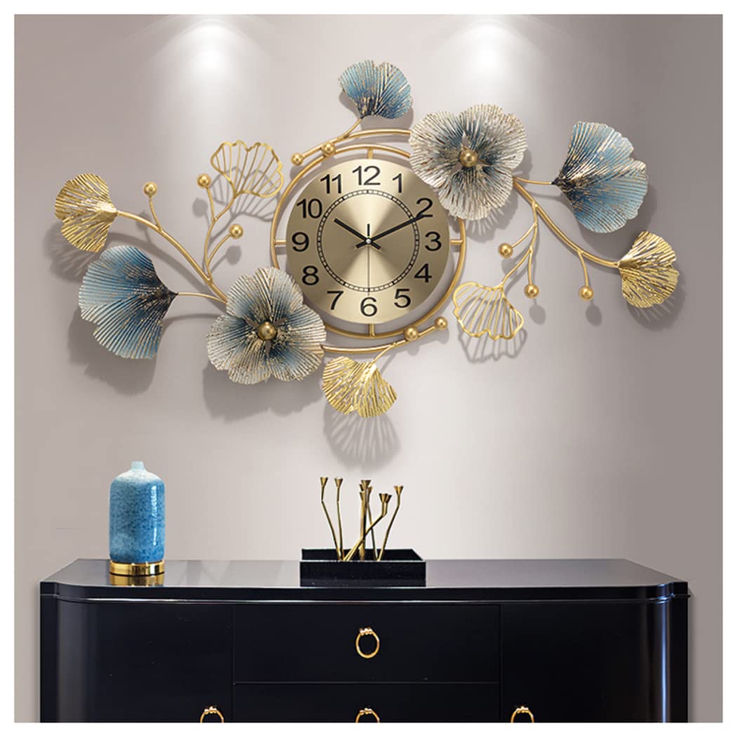Large Silent Modern Decorative Wall Clock,Elegant Wrought Iron Wall Clocks Ginkgo Leaf Mute Wall Quartz Clock for Living Room Bedroom Hotel Porch (94