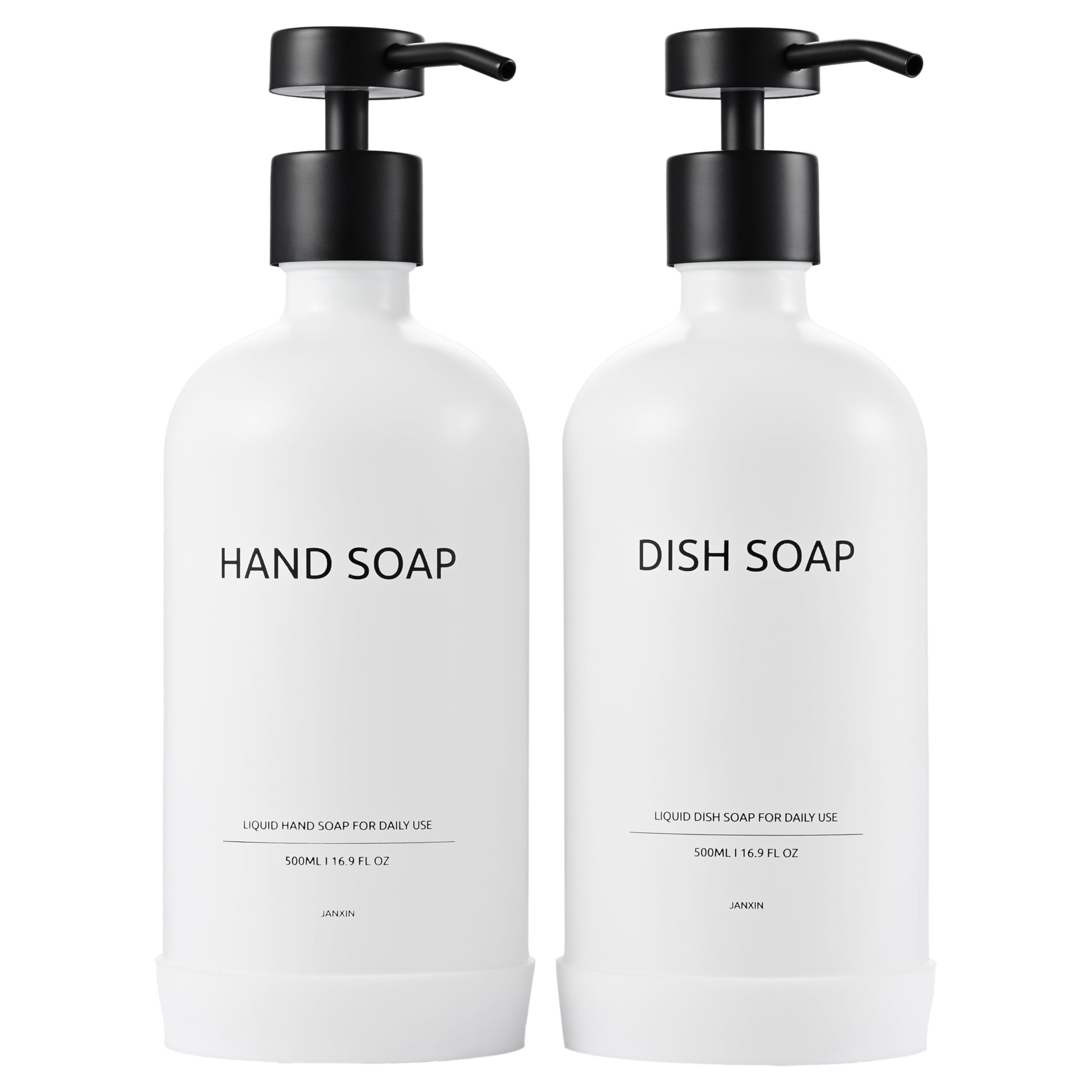 Janxin Set of 2 Glass Soap Dispenser 500 ml, Soap Dispenser Black Glass, Soap Dispenser White, and Non-Slip Silicone Protective Underlay (White bottle