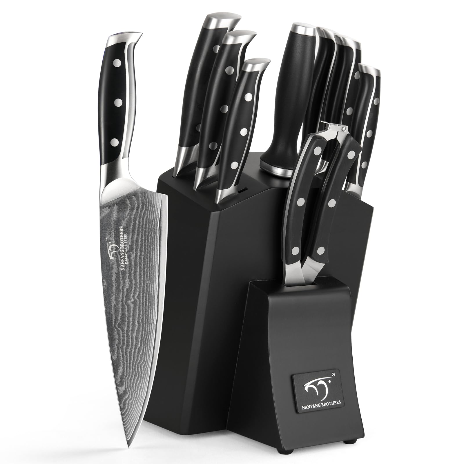 NANFANG BROTHERS 9 Pieces Kitchen Knife Set Sharpening for Chef's Knife Set with Block, Damascus Professional Knife for Kitchen Knife with Sharpener