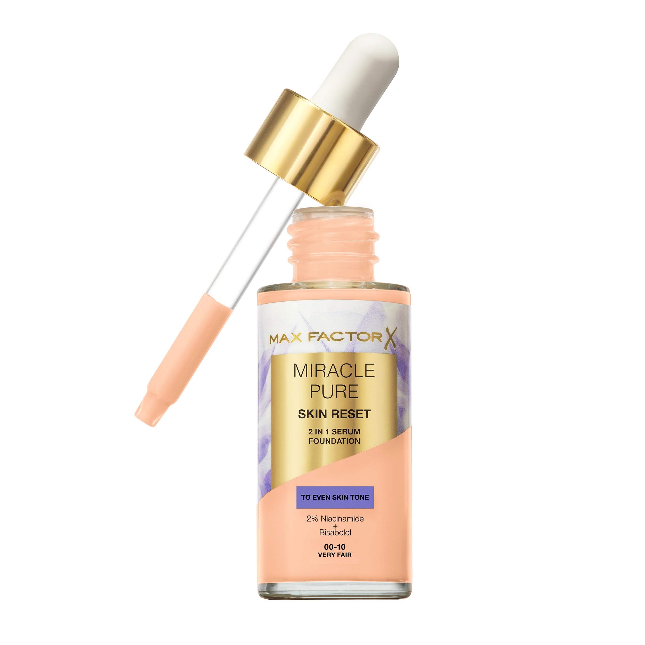 Max Factor Miracle Pure Skin Reset Serum Foundation, 00-10 Very Fair, 2-in-1 Serum Formula, Healthy Looking Skin, Medium Coverage, Satin Matte Finish,