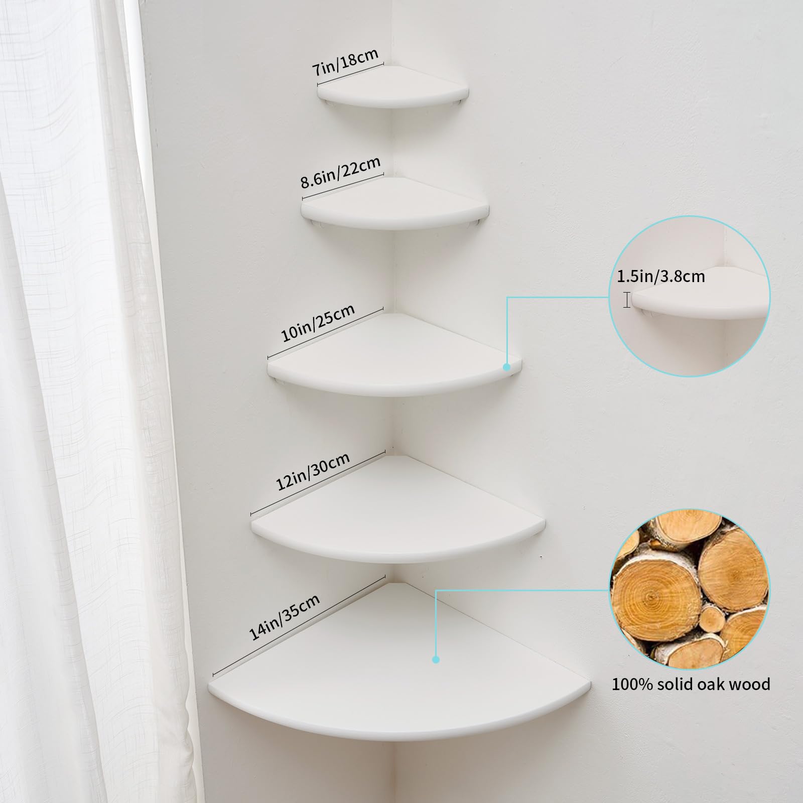 GIEANOO Corner Shelf, Solid Oak Wood White Floating Corner Shelf Wall Mount 16inch Round End Floating Speaker Shelf With Wire Hole Shelf for Bedroom