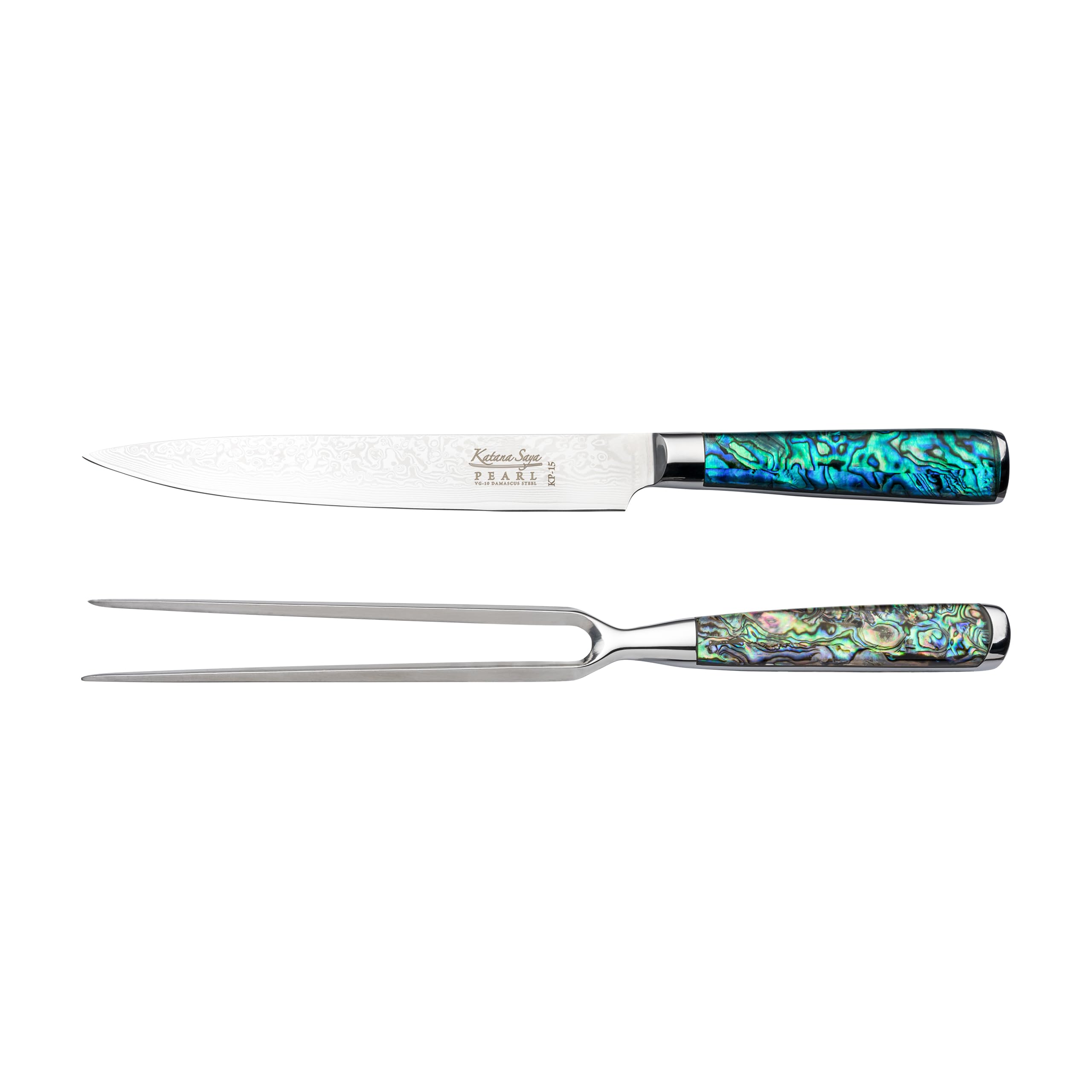 Katana Saya Pearl 2 Piece Carving Set, 20cm Carving Knife and 18cm Carving Fork, Japanese 67-Layer VG-10 Damascus Stainless Steel, Acrylic Handle with