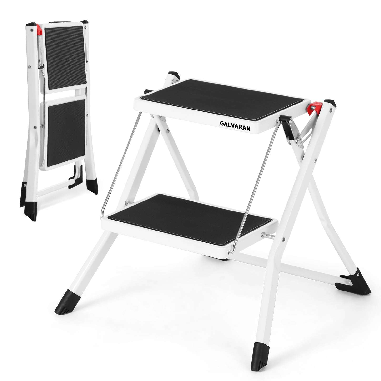 Galvaran 2 Step Ladder Foldable Heavy Duty Step Stool with Anti-Slip Wide Steps and Thickened Foot Caps, Strong Sturdy Steel for Home, Office,