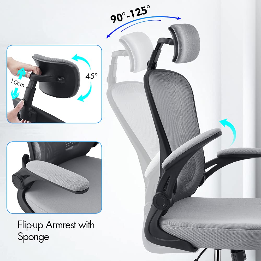 OWAY HOMELIVING Ergonomic Office Chair with Adjustable Lumbar Support & High-Back Mesh Desk Chair 150kg Weight Capacity & 125 Recline & Flip-Up
