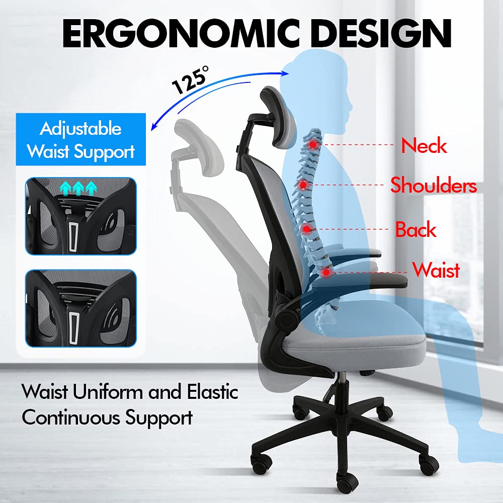 OWAY HOMELIVING Ergonomic Office Chair with Adjustable Lumbar Support & High-Back Mesh Desk Chair 150kg Weight Capacity & 125 Recline & Flip-Up