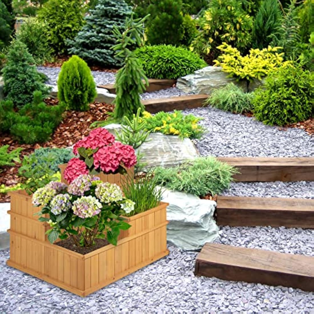 Relaxdays Raised Flowerbed, Tiered, 4 Planter Boxes, Herbs, Garden, Balcony, Terrace, Wooden, HWD: 61x81x81 cm, Natural, Wood