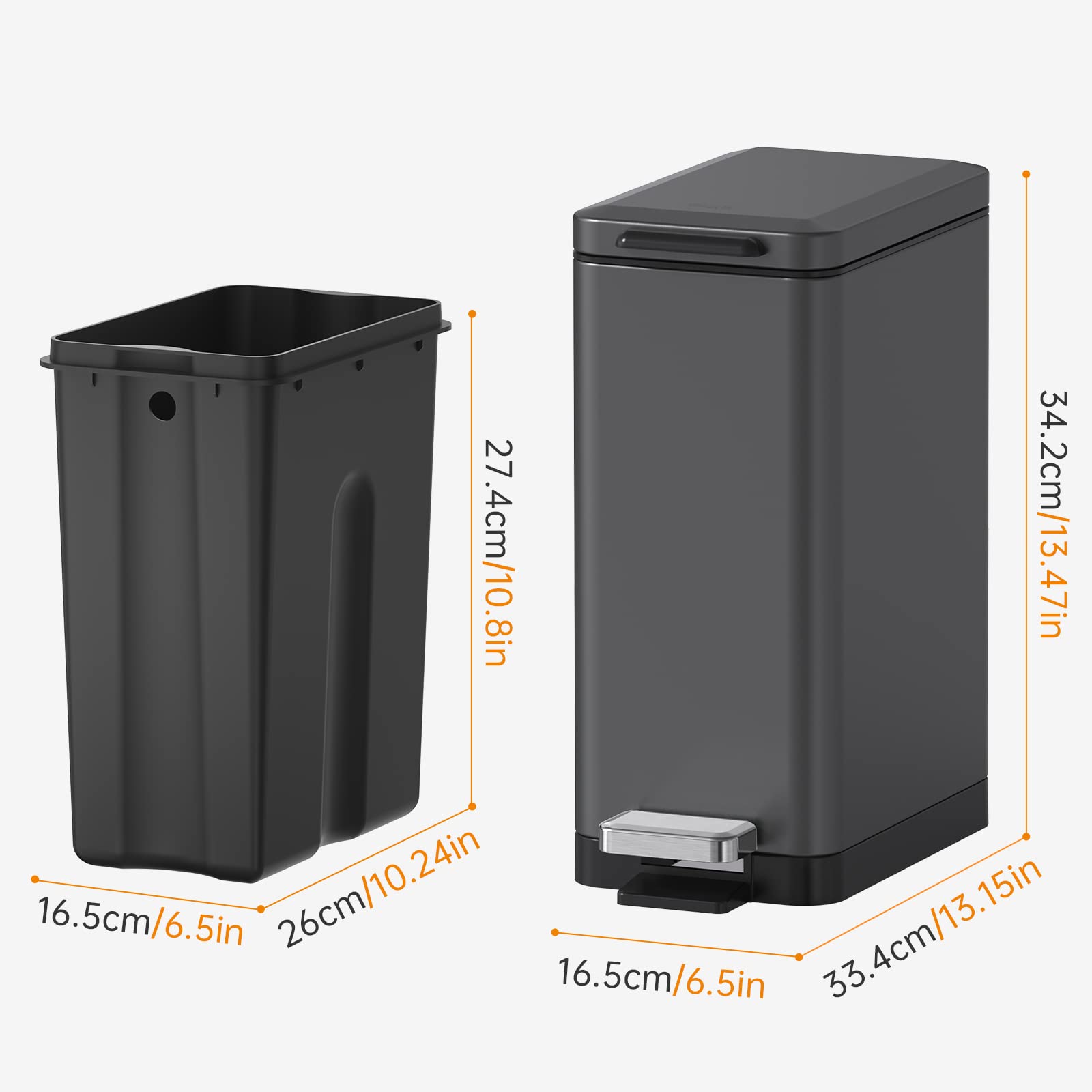 Mbillion Bathroom Step Trash Bin 10 Liter Slim Design Step-On Trash Can with Strong Pedal and Soft Close Lid Stainless Steel, Living Room, Office,Dark