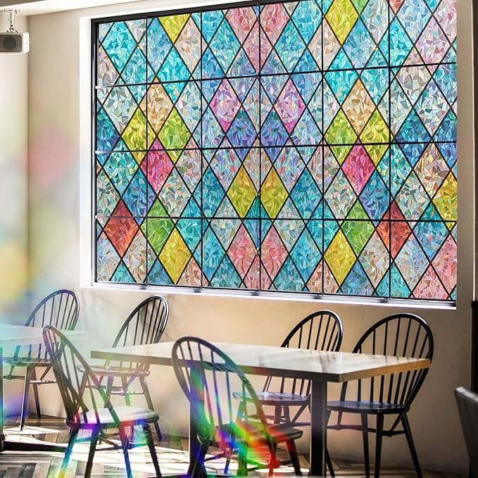 Beautysaid Rainbow Privacy Window Film: Stained Glass, No-Glue Frosted Window Film, Static Cling Film (Multicolor, 90x300cm