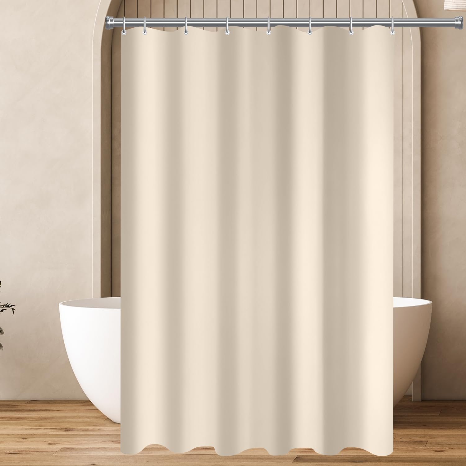 Lerores Shower Curtain, 100 x 160 cm, Beige, Heavy Weighted Hem, Anti-Mould, Waterproof, Washable, Polyester Fabric, with 8 Shower Curtain Rings