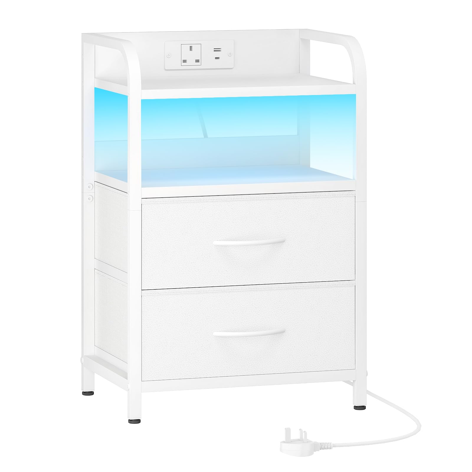 HOOBRO Bedside Table, Nightstand with Charging Station and LED Lights, Side Table with 2 Drawers and 2 Open Shelves, Metal Frame, for Living Room,