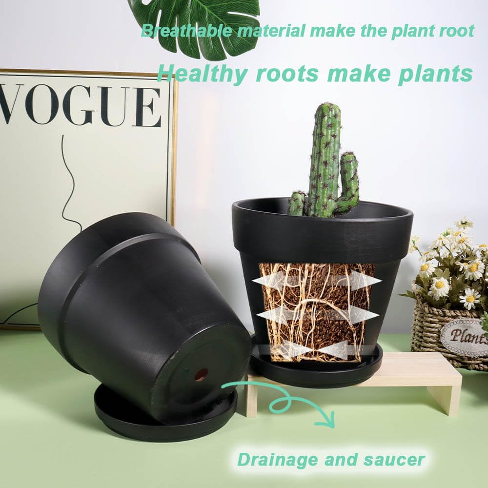 vensovo 15CM Black Terracotta & Clay Pots for Plant with Saucer - 4 Pack Medium Terra Cotta Planter with Drainage Hole, Flowerpot for Indoor Outdoor