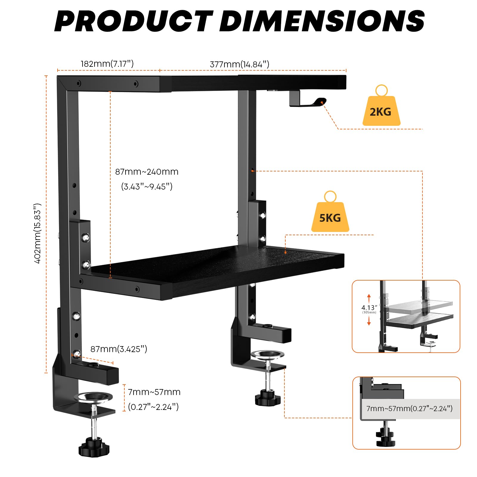 PUTORSEN 2-Tier Clamp-On Desk Shelf - Adjustable Height and Versatile Hook, Above or Under Desk Storage for Office & Gaming, Black