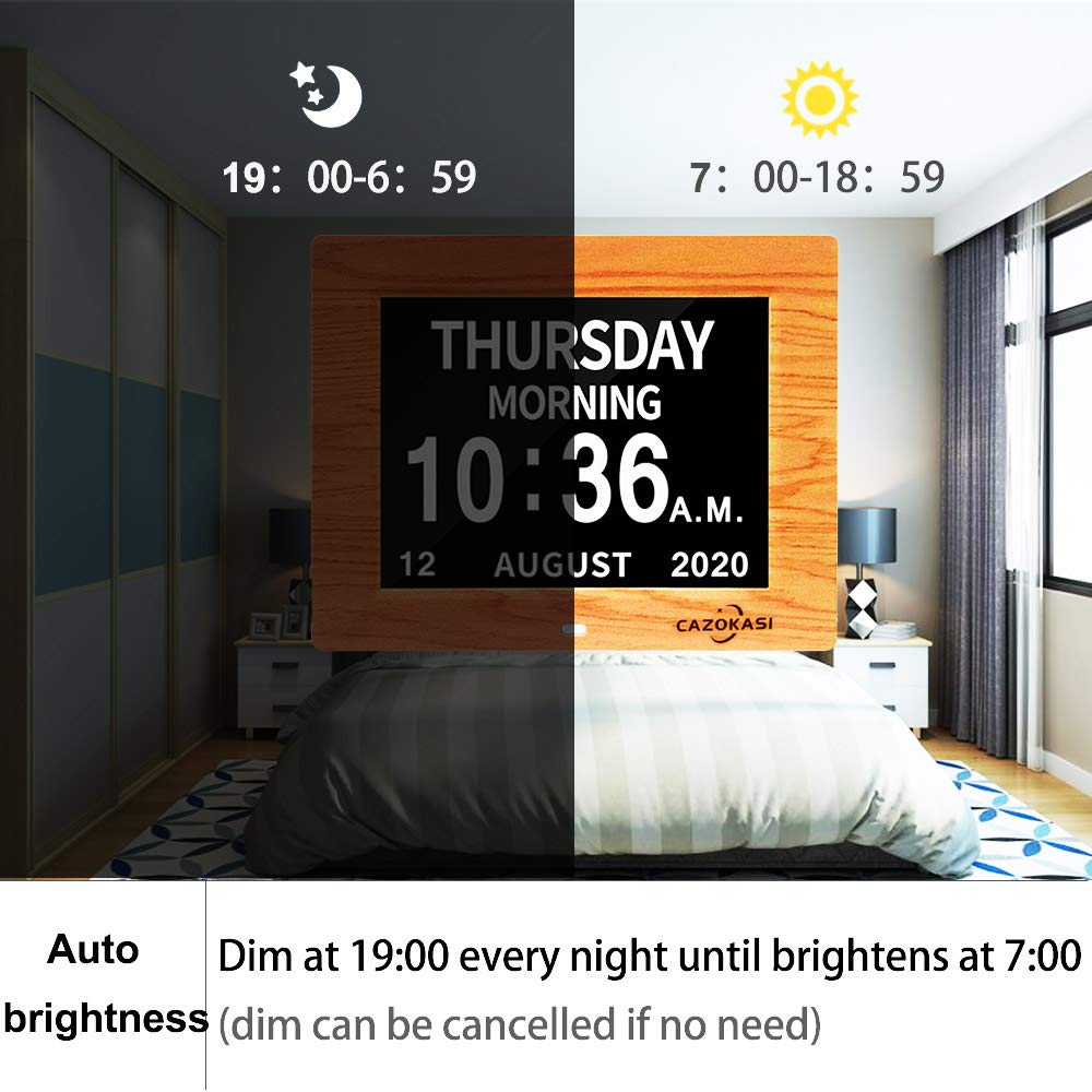 CAZOKASI 3 Displays 8inch Extra Large Impaired Vision Digital Calendar Clock with Non-Abbreviated Day & Month Alarm Clock Day Clock Photo Frame Auto