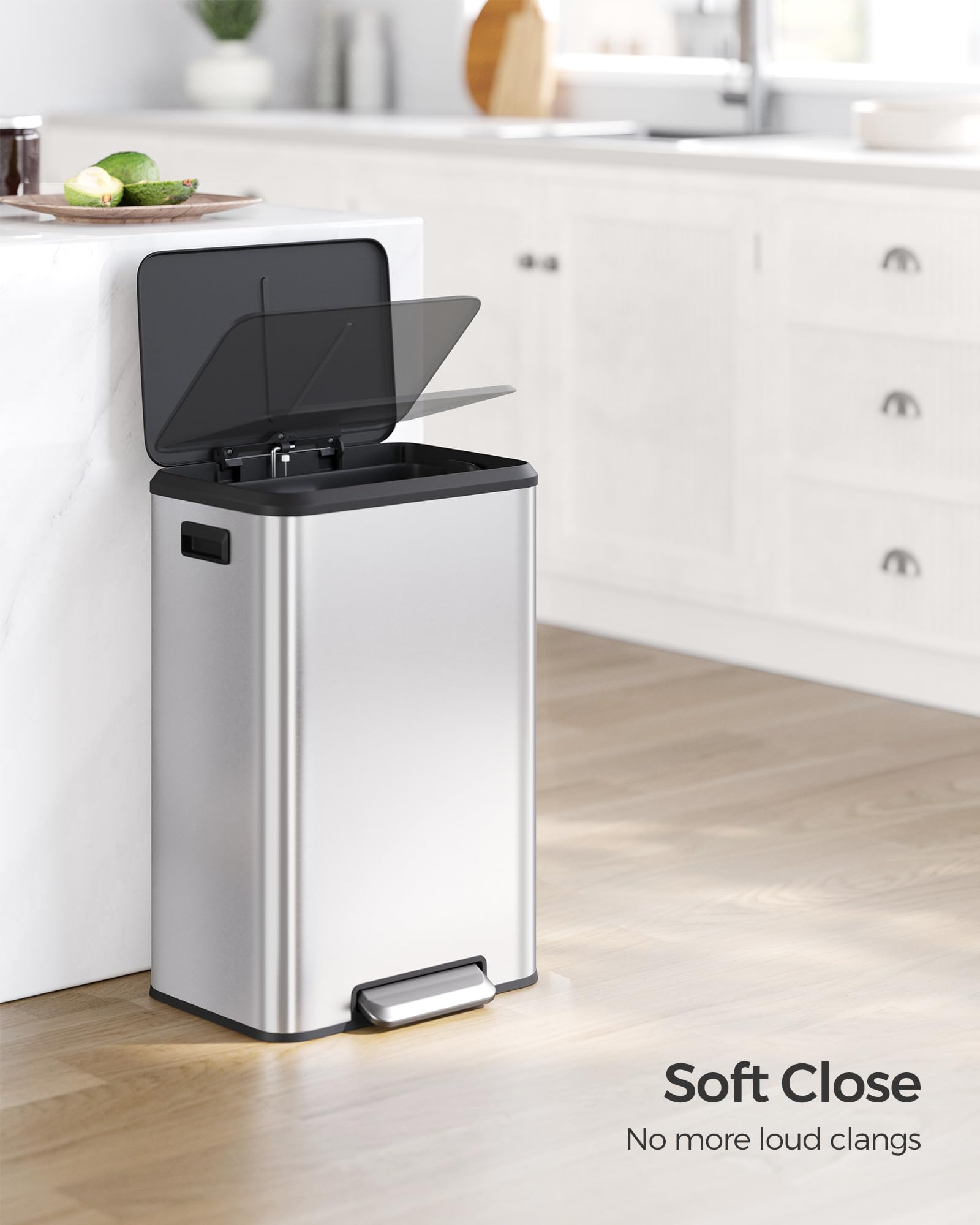 Songmics Kitchen Bin, 40L Pedal Bin with Lid, Rubbish Bin for Waste, Soft Close and Stays Open, Wide Pedal, Silver LTB541E40