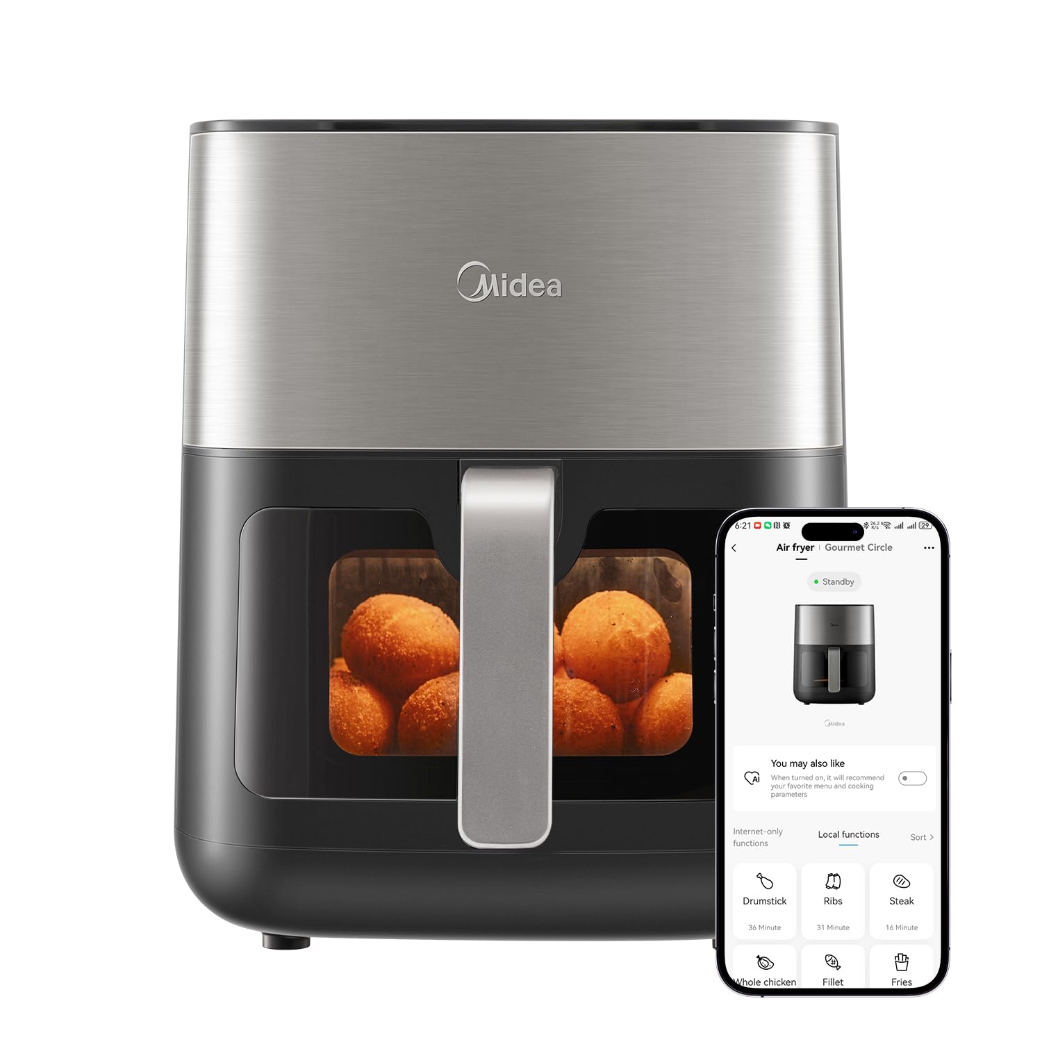 Mdiea 6L Air Fryer with Upper and Lower Double Tube Heating, LED Display