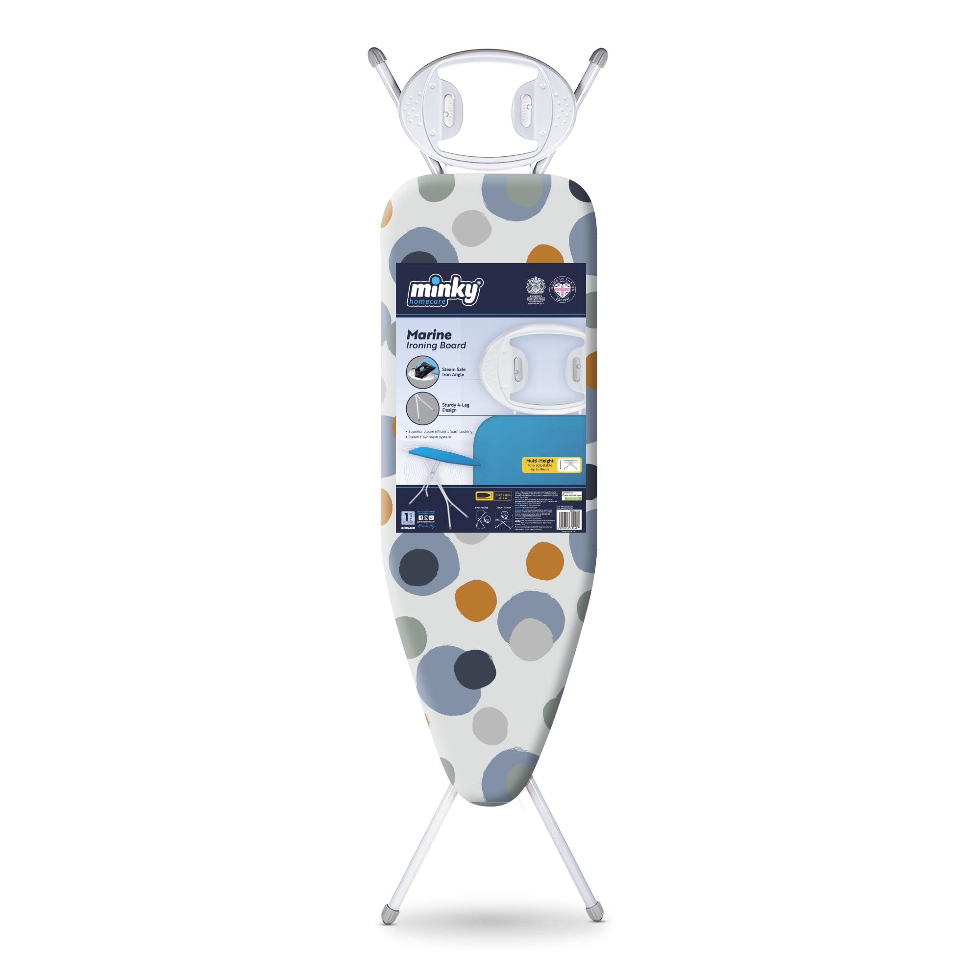 Minky Marine Ironing Board with 114 x 38cm Ironing Surface, Angled Iron Rest, Iron Board with Adjustable Height up to 94cm & Non-Slip Feet, Foldable,