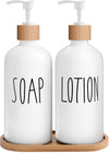MOMEEMO White Soap Dispenser Bathroom Set, Bathroom Soap Dispenser Set with Glass Soap Dispenser, Bamboo Pumps & Tray. Soap and Lotion Dispenser Set