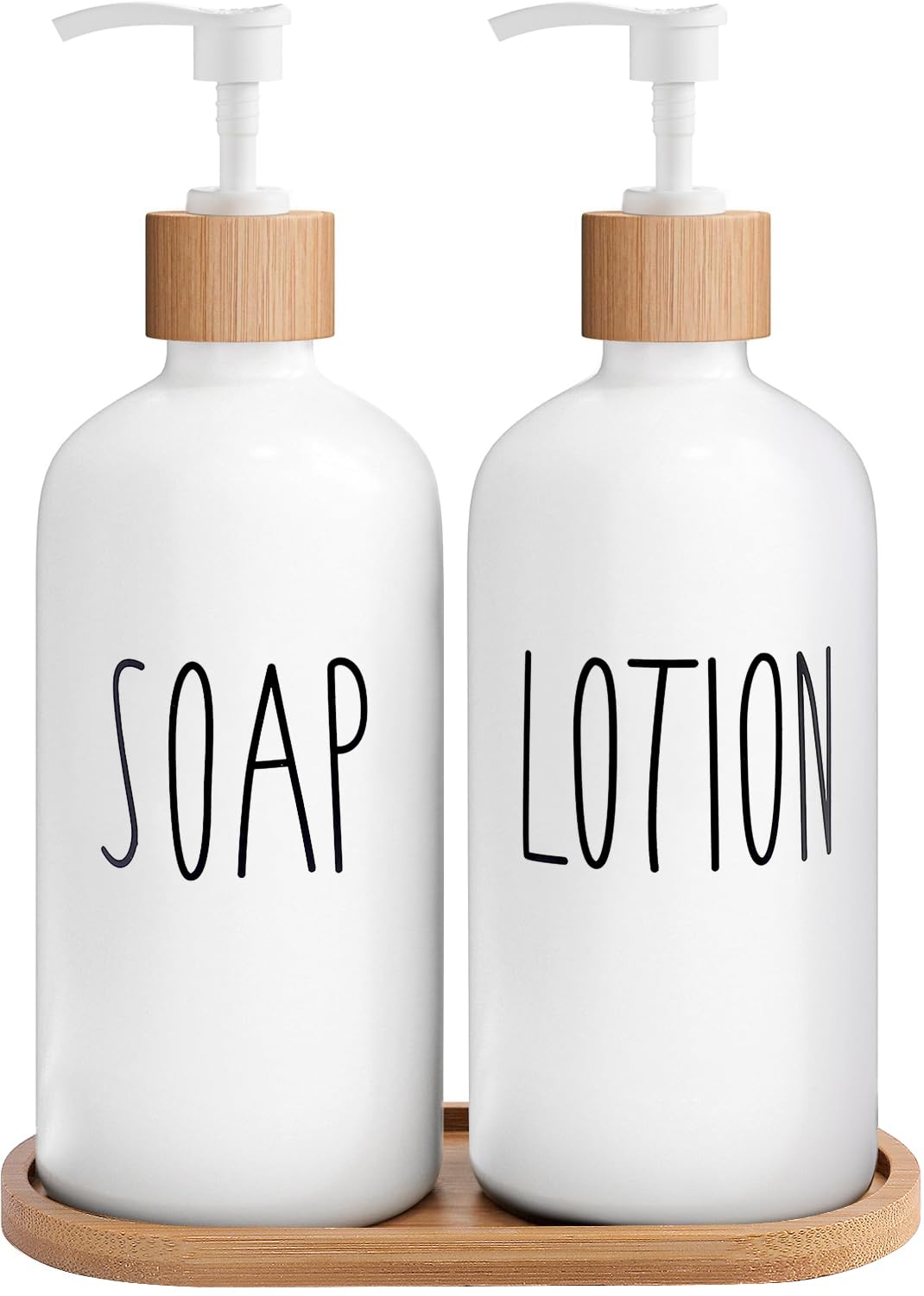 MOMEEMO White Soap Dispenser Bathroom Set, Bathroom Soap Dispenser Set with Glass Soap Dispenser, Bamboo Pumps & Tray. Soap and Lotion Dispenser Set