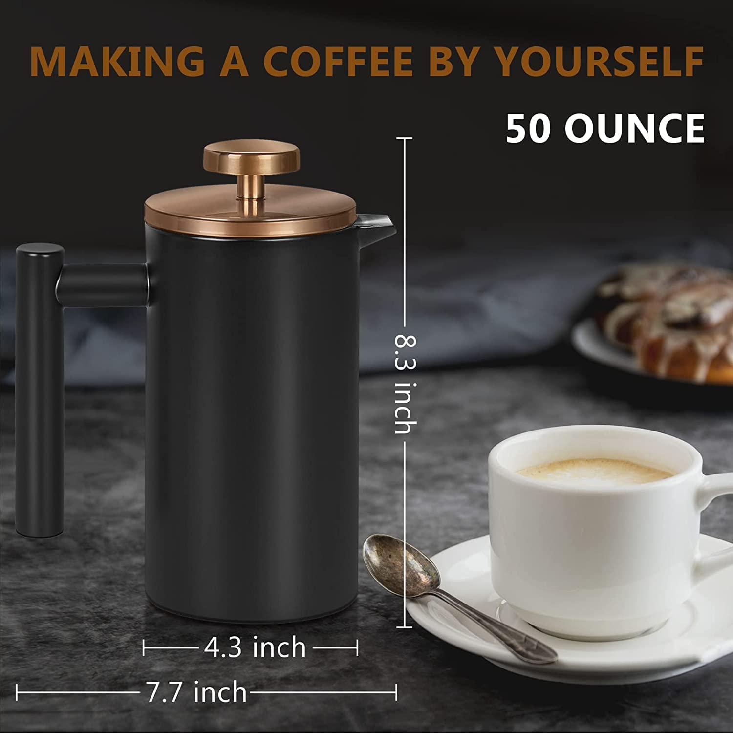 MaxMiuly Large Cafetiere 1.5L/50 OZ Stainless Steel French Press Insulated Coffee Press, Double Wall Keep Hot Coffee & Tea Maker,Bonus with 2 Coffee