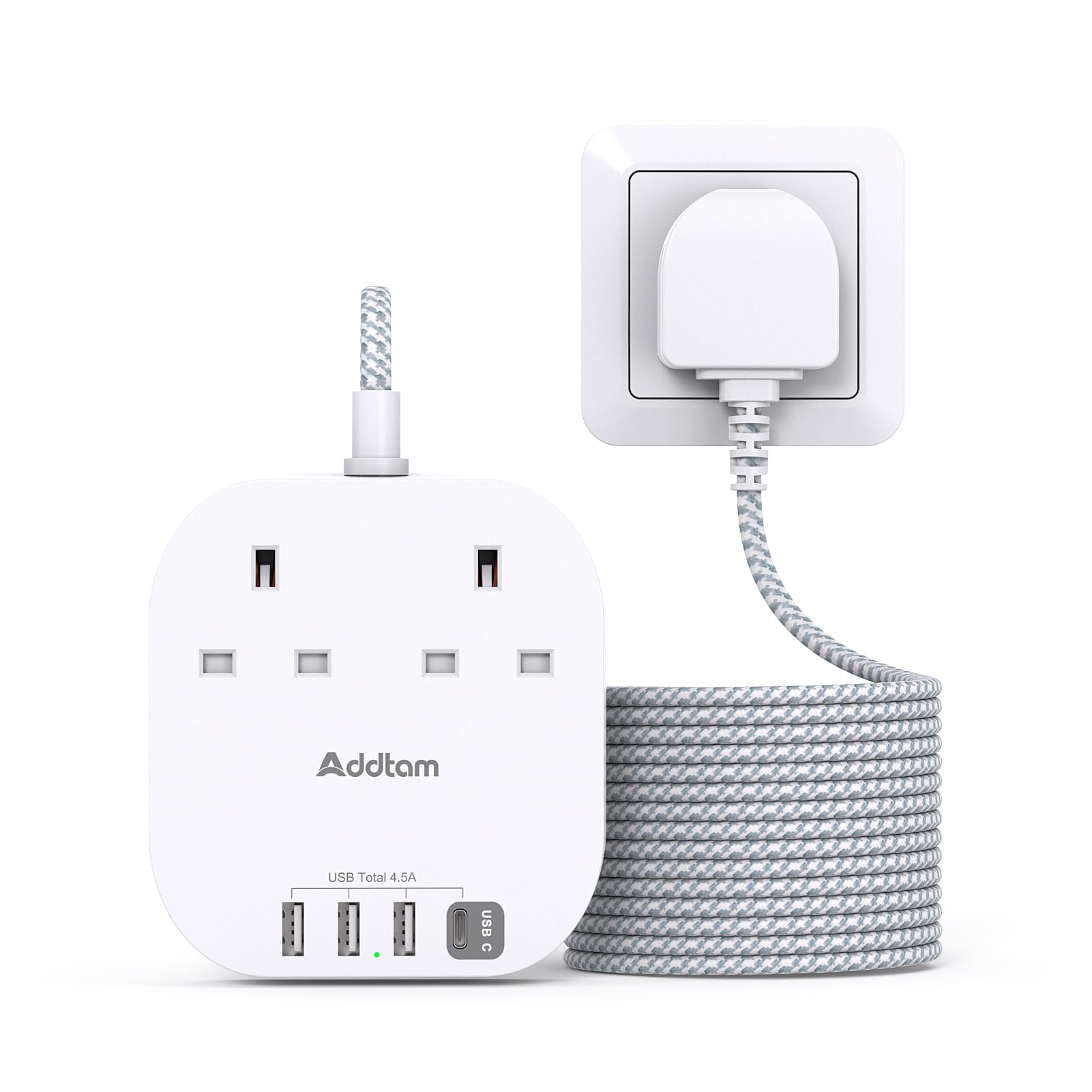 5M Extension Lead, Power Strips with 2 Way Outlets 4 USB (4.5A, 1 Type C and 3 USB A Ports) Surge Protection Plug Extension Socket with Braided