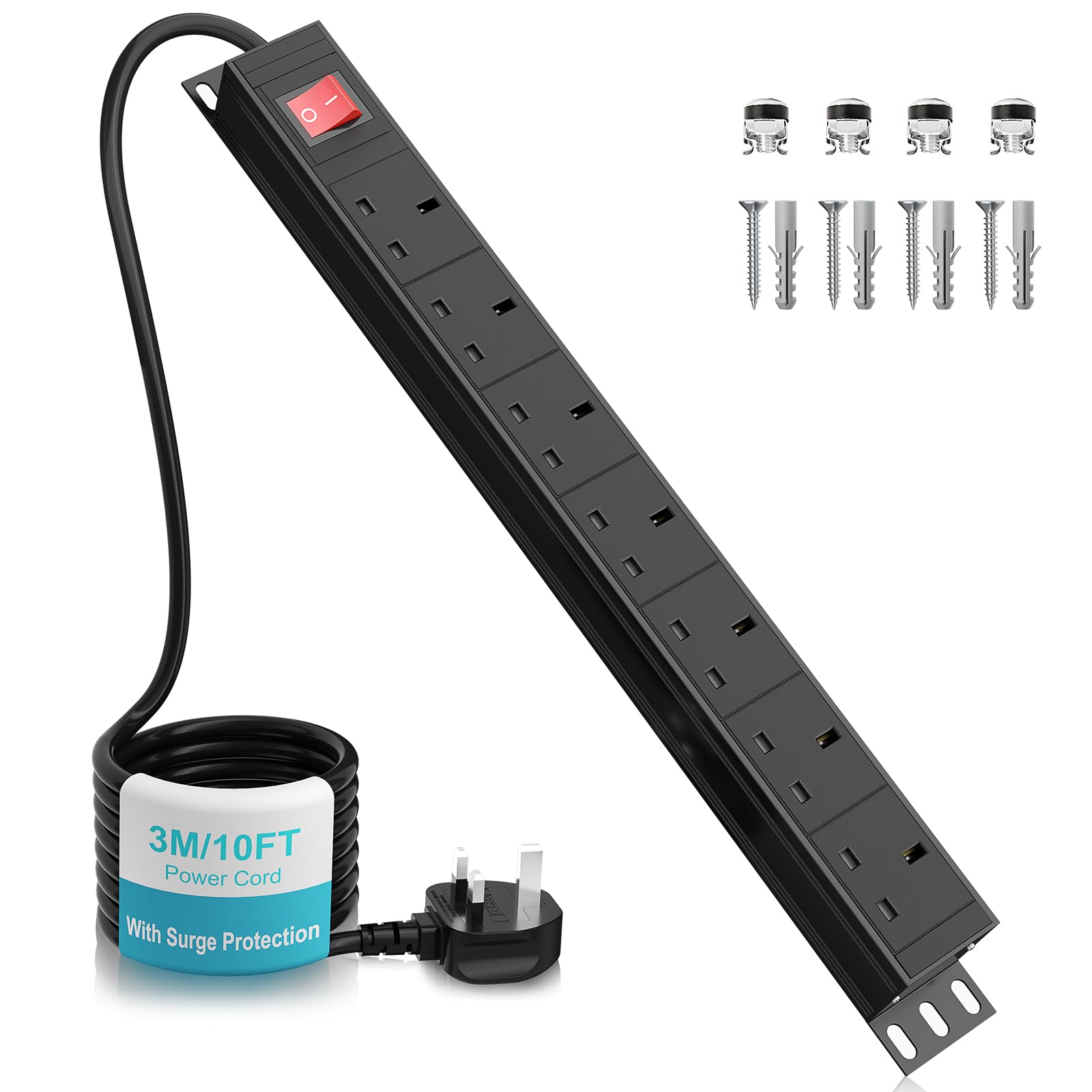 Extension Lead 7 Way Power Strip with 3M Cable, Airmom Rack Mount Power Sockets with Surge Protection, Mounting Brackets, 3m Extension Cord