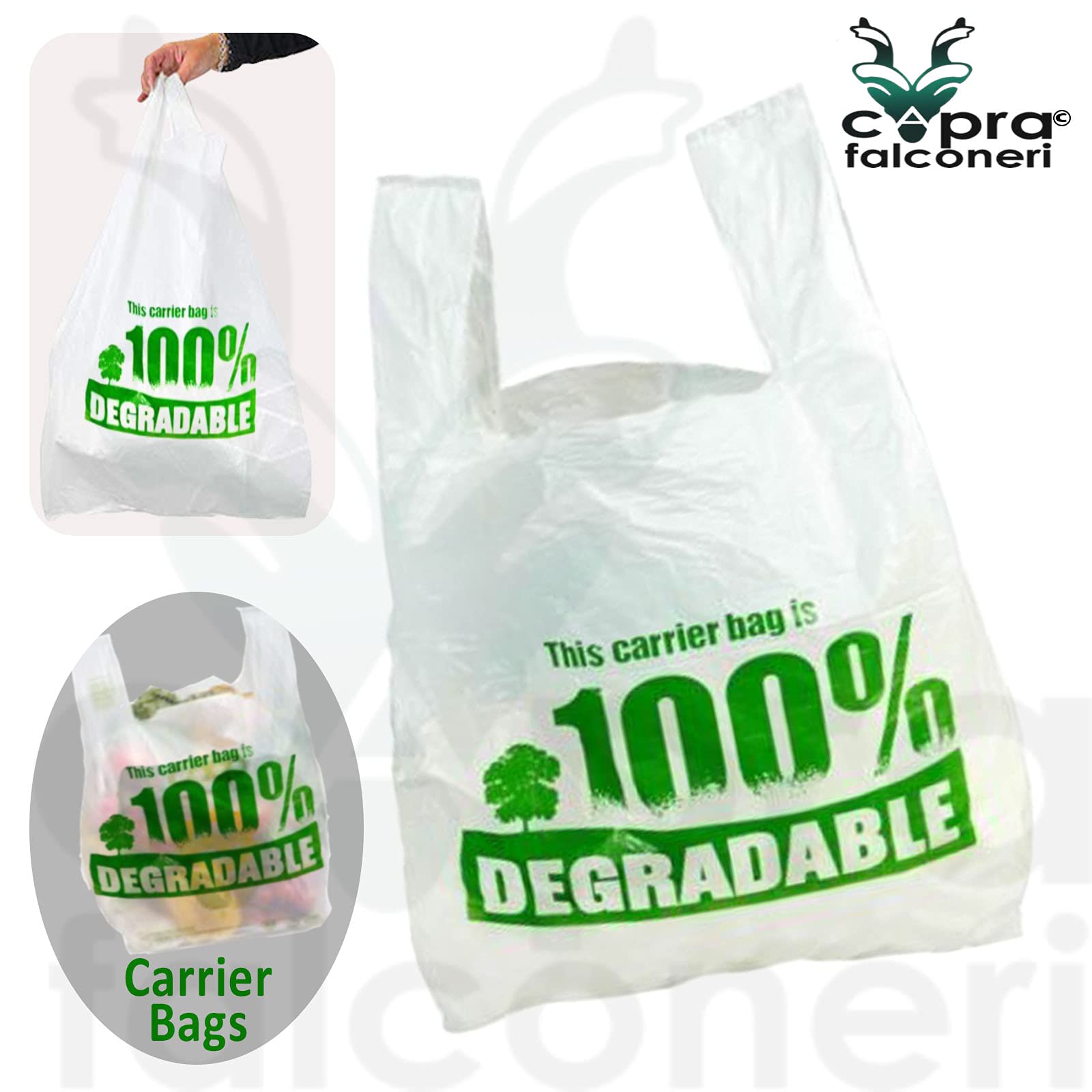 Capra Falconeri 1000 Carrier Bags (13x19x23 Inches) X Large White Plastic Bag with Handles - Strong 100% Degradable Vest Reusable Recyclable Eco