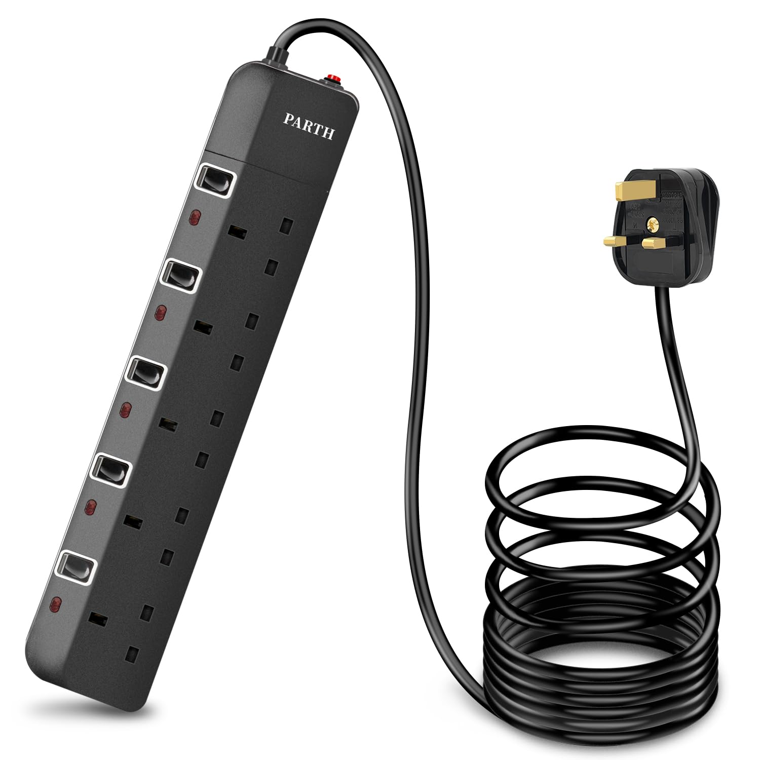 PARTH 2M Black Extension Lead Surge Protection - 5 Gang Multi UK Plug Extension Socket with Switches - 2 Metre Long Heavy Duty Cord Extension Cable-