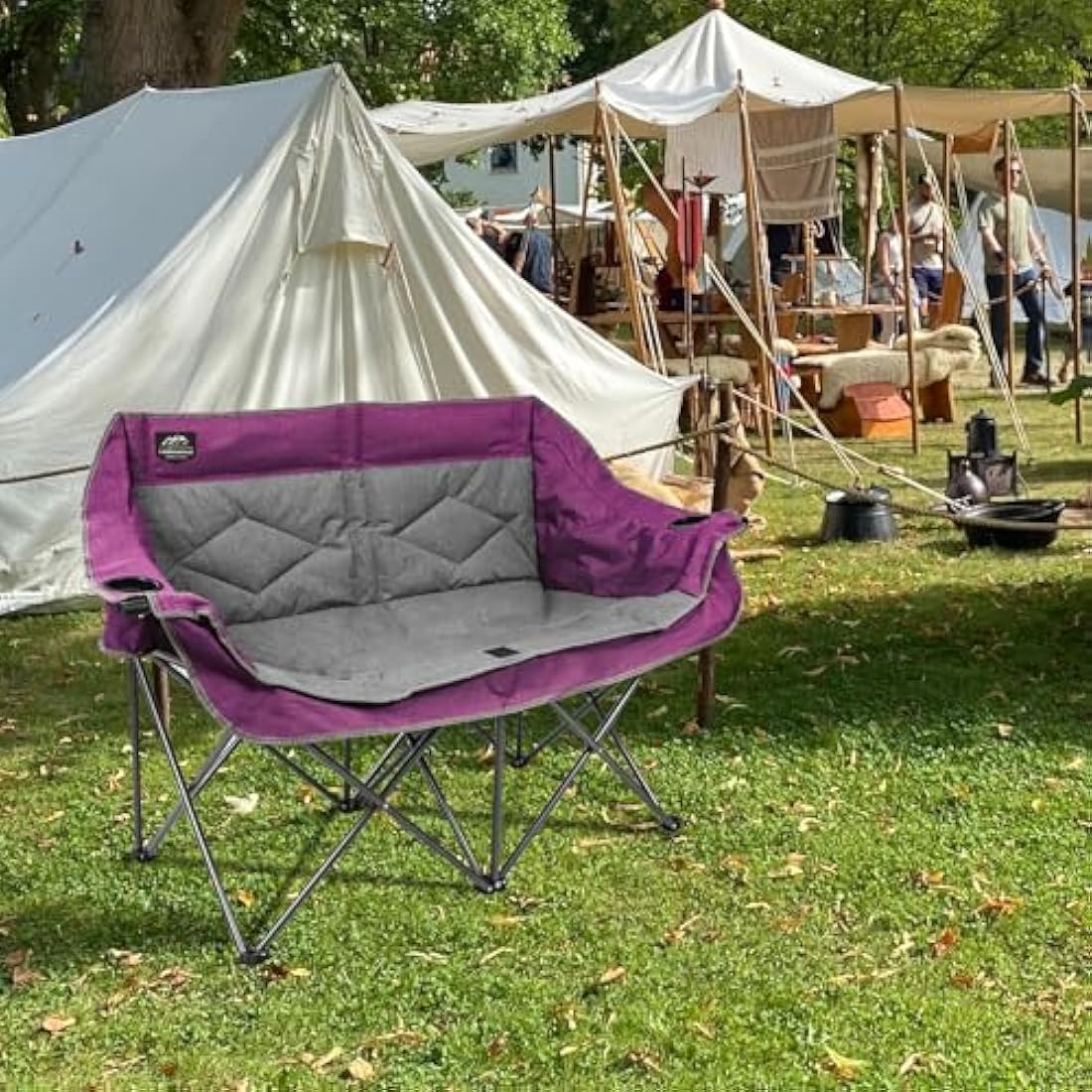 LANMOUNTAIN Folding Loveseat Camping Chair, Portable Double Chair w/Cup Holder,Wine Glass Holder,Carry Bag Heavy Duty Lawn Chair for 2 Adults,Perfect for Camp,Hiking,Picnics and Beach Trips,Purple