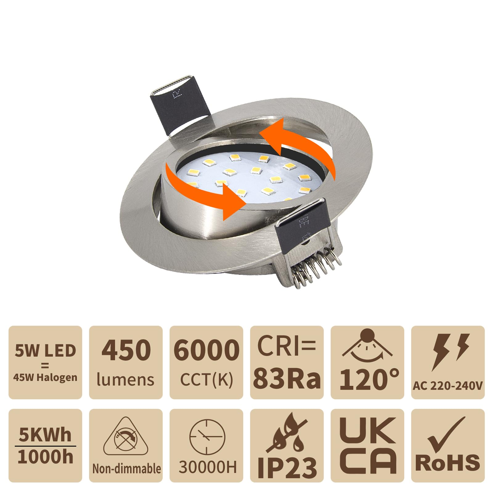 Wondlumi 6X 5W Recessed Ceiling Lights Ultra Slim Spotlight LED Downlights for Ceiling Brushed Chrome Down Light Cool White 240V, Cutout 65-80mm