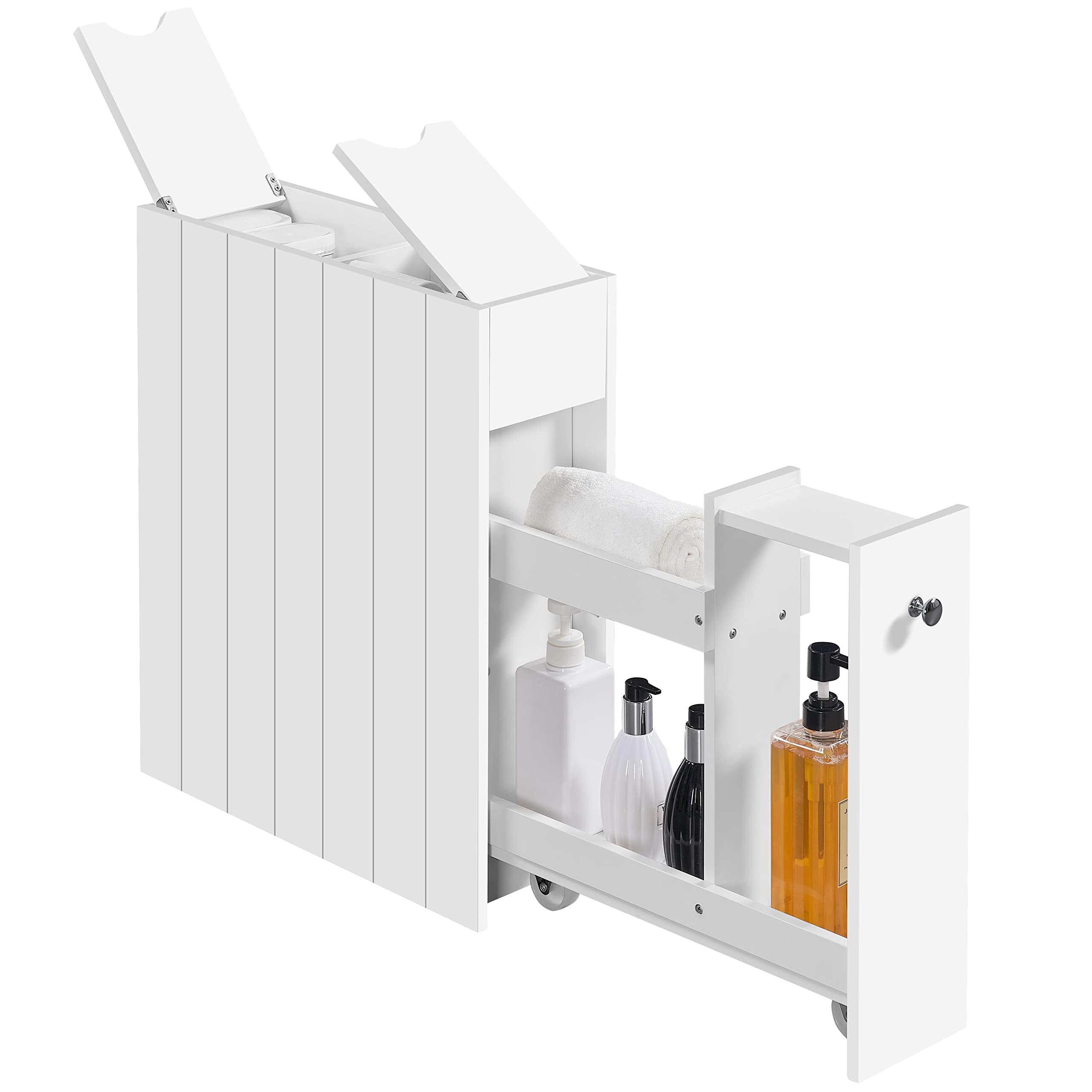 Yaheetech Slim Bathroom Floor Cabinet, Narrow & Compact Bathroom Organizer with Drawer & Slide Out Shelf, Freestanding Storage Unit on Wheels, White