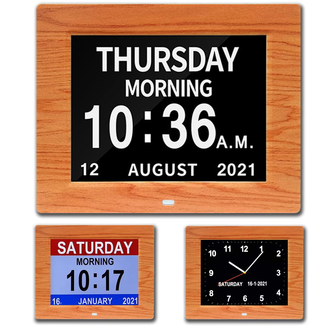 CAZOKASI 3 Displays 8inch Extra Large Impaired Vision Digital Calendar Clock with Non-Abbreviated Day & Month Alarm Clock Day Clock Photo Frame Auto